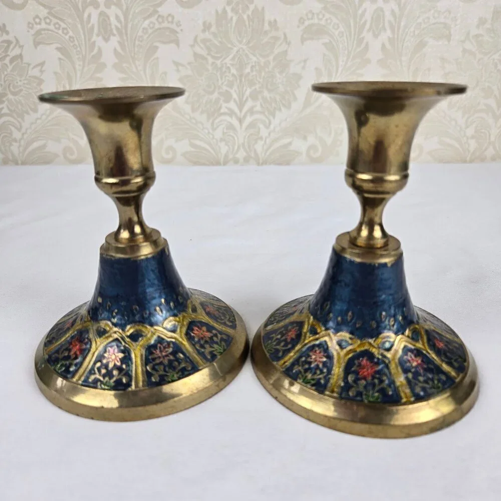 Vintage Persian Enamel on Brass Candlestick Holders Set of 2 Floral Blue Gold